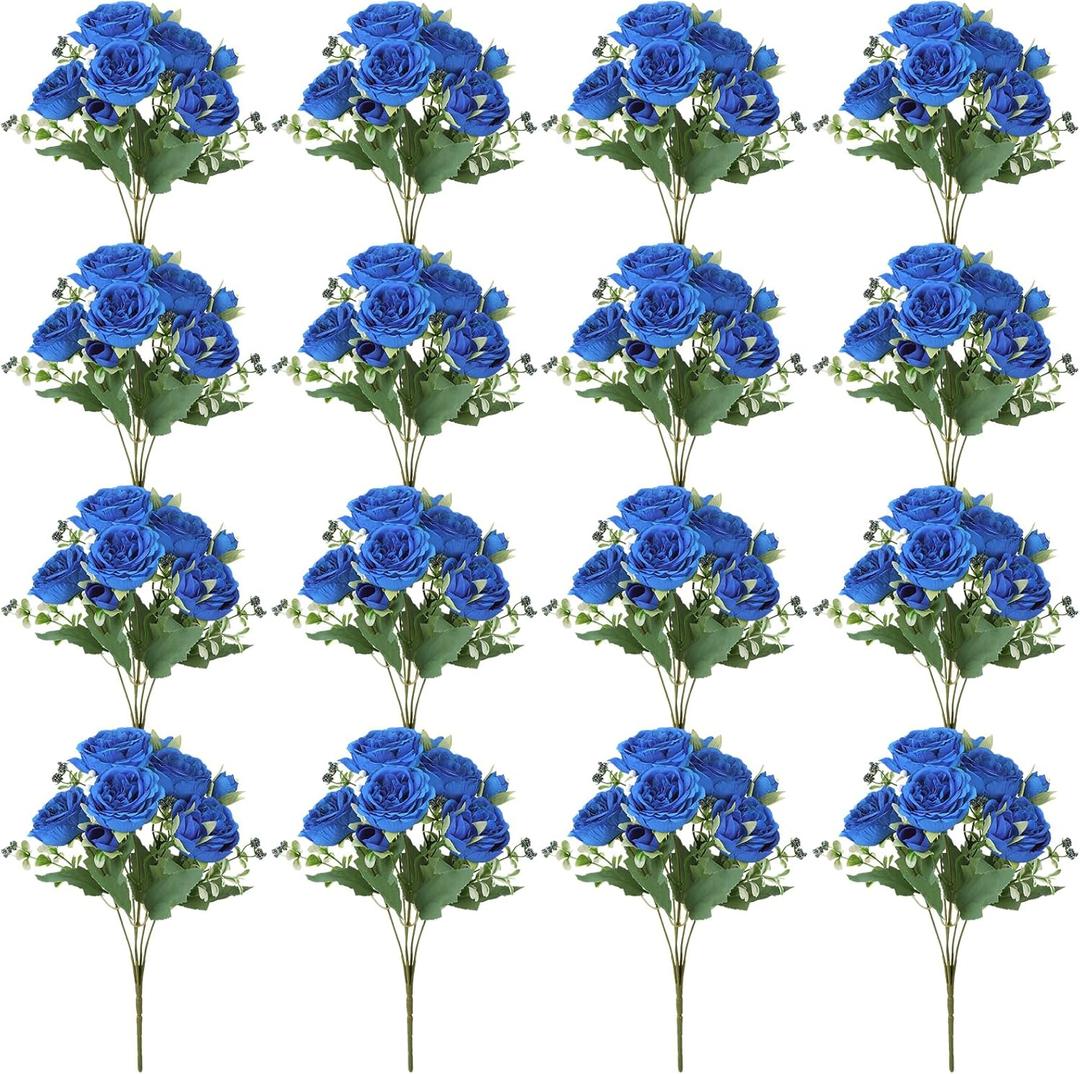16 Pack Royal Blue Peonies Artificial Flowers, Fake Silk Hydrangea Bouquet for Bridal Wedding Home Table Decor Reusable Dining Opening Ceremony Birthday Arrangement Faux Floral