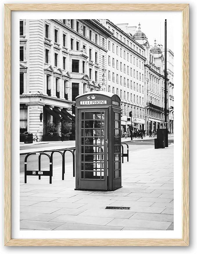 HesenDot London Phone Booth Framed Wall Art,12x16in Black and White British Street Canvas Print,Minimalist Poster Wall Decor,Urban Living Room Bedroom Study Home Office Decoration,Set of 1