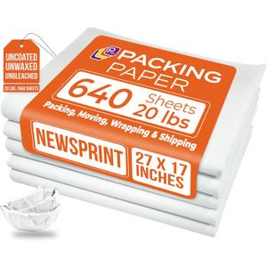 White Bulk Packing Paper Sheets for Moving | 640 sheets | 27" x 17" | 20 lb | Twin Pack | | Newsprint Wrapping Paper Sheets - Must Have in Your Moving Supplies, Packing Materials, Moving Paper Wrap
