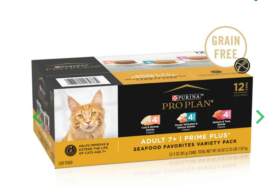 Purina Pro Plan Grain Free Senior Wet Cat Food Variety Pack Pate, SENIOR Seafood Favorites - (12) B est By: Feb 2027 Pack Of 2