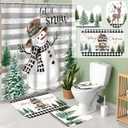 4 Pcs Christmas Shower Curtains Set with Non Slip Rug Winter Christmas Bathroom Decor Toilet Lid Cover and Bath Mat Snowman Shower Curtain with 12 Hooks for Xmas Bathroom (White, Vintage)