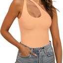 REORIA Butsmooth Women's Trendy Sexy Plunge One Shoulder Sleeveless V Backless Going Out Tank Bodysuits Tops (Medium, Peach Fuzz)