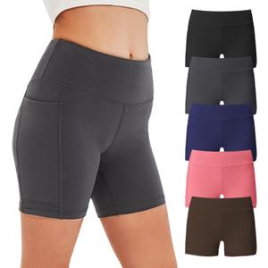 Begrily Girls Volleyball Athletic Biker Shorts with Pockets, Kids Dance Spandex Yoga Running Short 5 Pack, Medium, Black/Grey/Navy/Pink/Brown (M)