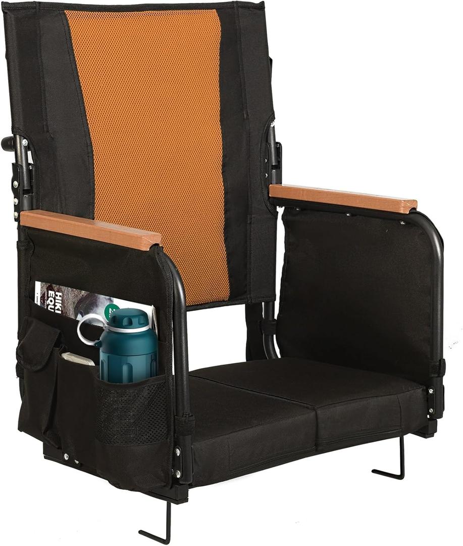 Extra Wide Stadium Seats with Back Support, Comfy Bleacher Chairs with Back Cushion, Cup Holders, and Storage Pockets, Foldable and Portable Bleacher Seat with Armrests (Large, Orange)
