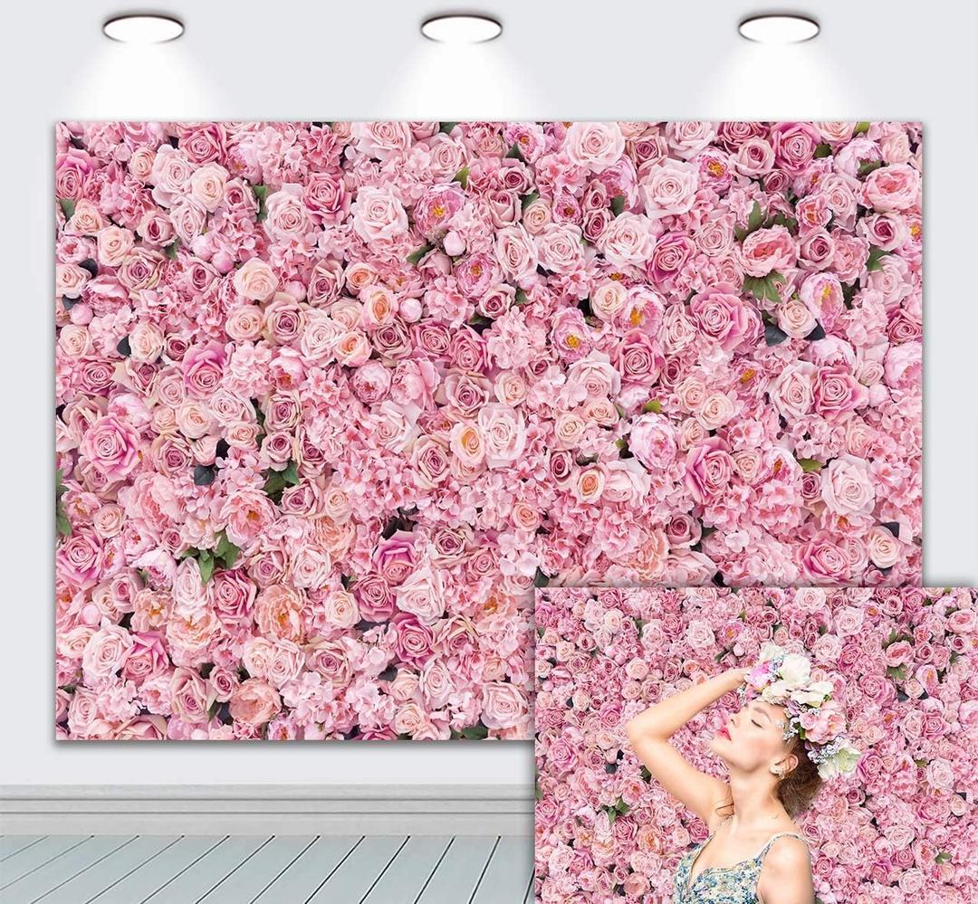 BINQOO 10x8ft Pink Rose Wall Background Spring Pink Flowers Backdrops Girls Women Birthday Party Weeding Bridal Shower Anniversary Ceremony Decor