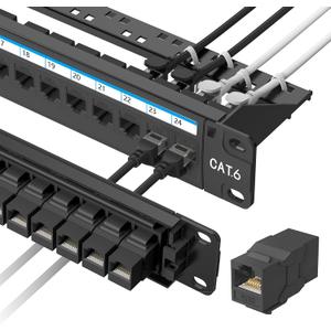 Jadaol [UL Listed] 24 Port Patch Panel Rackmount or Wall Mount 19-Inch, 1U Cat 6 Network Panel Preloaded with 24 Keystone Couplers Plus 1 Spare, 10Gbps Ethernet Panel with Cable Management & Back Bar