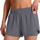 Ksmien Women's Running Shorts Quick Dry Lightweight Athletic Workout Shorts with Liner Phone Pockets, Large, Dark Grey