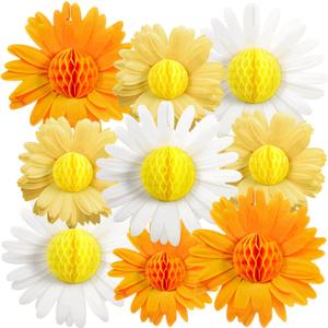 SUNBEAUTY 9PCS Paper Flower Party Decorations Yellow Orange Giant Paper Flowers 3D Daisy Honeycomb Hanging Decorations for Girls Birthday Boho Sun Party Spring Garden Wedding Classroom Baby Shower