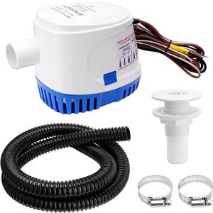 1100GPH 12V Automatic Boat Bilge Pumping Kit, 1-1/8 Inch Electric Bilge Water Pump, 6FT Hose, 2 Stainless Steel Hose Clamps and Thru-Hull Fitting, for Fishing Boats, Runabouts, Yachts, Cruisers