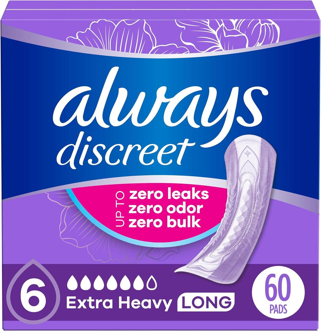 Always Discreet Adult Incontinence Pads for Women, Drier vs Poise, 6 Drop Long Length, Extra Heavy Absorbency, Pads for Bladder Control Management, Bladder Leaks, & Postpartum Pads, 60ct