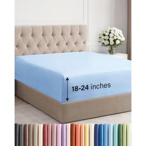 Extra Deep Queen Fitted Sheet  Hotel Luxury Single Fitted Sheet Only  Easily Fits 18 inch to 24 inch Mattress  Ultra Soft, Wrinkle & Fade Free w/Extra Deep Pocket  Breathable & Comfy  Light Blue