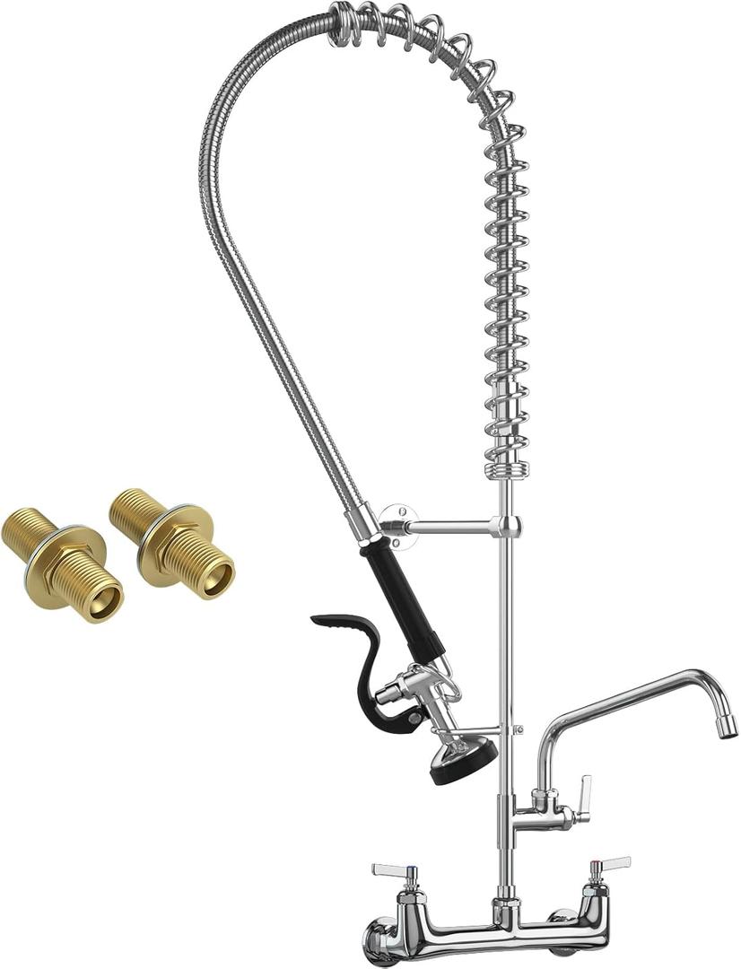 JZBRAIN Commercial Faucet with Sprayer, 36" Height 8 Inch Center Brass Constructed Wall Mount Kitchen Sink Faucet with Pull Down Pre-Rinse Sprayer and 12" Swing Spout Fit for 2/3 Compartment Sink