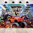 Newsely Truck Themed Birthday Party Supplies Backdrop 7Wx5H Monster Boys Kids Happy Birthday Background Photography Jam Burning Flame Car Grave Digger Party Decorations Banner Photo Booth Props