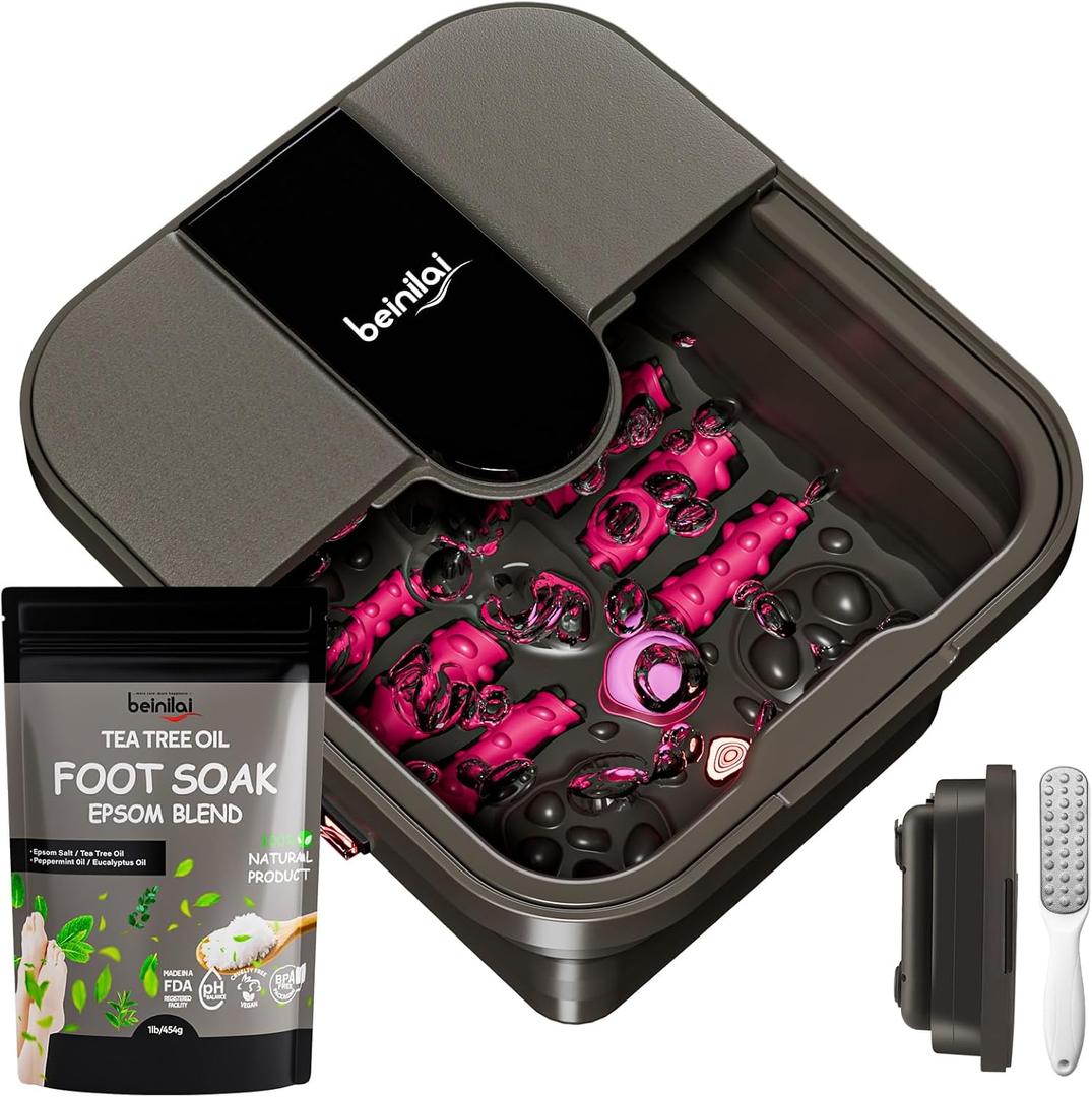 Beinilai Collapsible Foot Spa Bath with Heat,Bubble,Massage Rollers, Tea Tree Oil Foot Soak with Epsom Salt, Pedicure Foot File, Red Light,Removable Pumice Stone,Pedicure Foot Spa (Pink)