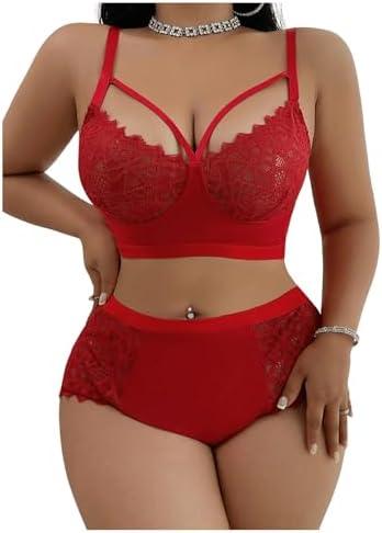 SOLY HUX Women's Plus Size Sheer Lace Lingerie Wireless Bra and Panty Only1 Piece Underwear Set 3XL