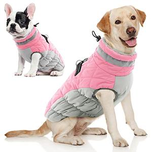 AOFITEE Dog Coat, Warm Dog Winter Coat, Reflective Cold Weather Dogs Puffer Jacket with Harness Built in, Waterproof Pet Fleece Vest Snowsuit for Small Medium Large Dogs, Pink L
