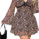 MakeMeChic Women's Plus Size Lace Leopard Print Dress Bell Sleeve Bow Front Dress Mini Party Dresses (XXXL)