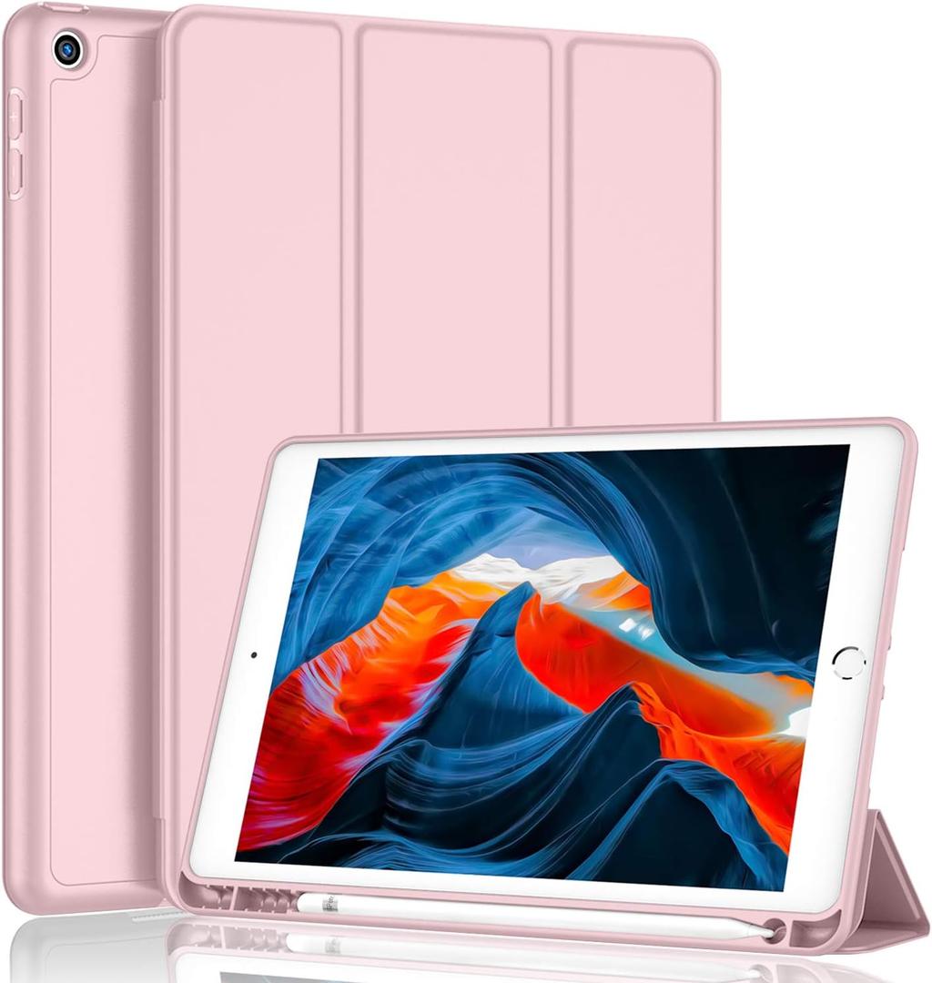 iMieet iPad 9th Generation Case 2021/iPad 8th Generation Case 2020 10.2 Inch with Pencil Holder, iPad 7th Gen 2019 Case with Soft Baby Skin Silicone Back, Auto Wake/Sleep Cover (Pink)