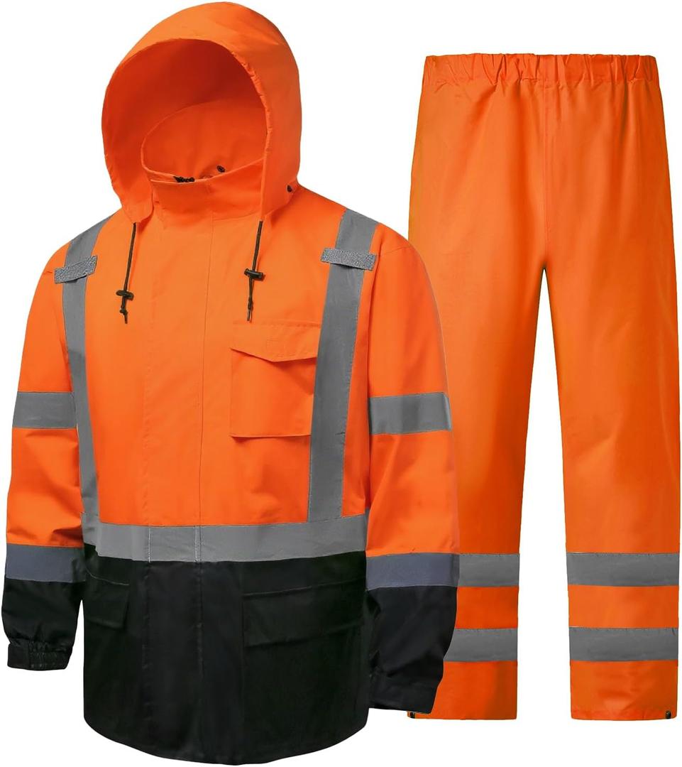 Hi Vis Rain Jackets for Men Reflective Waterproof High Visibility Class 3 Safety Rain Coat with Black Bottom, S-M