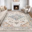 8x10 Area Rugs Living Room: Washable Boho Large Neutral Vintage Soft Rug Stain Resistant Distressed Farmhouse Non-Slip Indoor Floor Carpet for Bedroom Nursery Kids Office Dining Room - Beige/Blue
