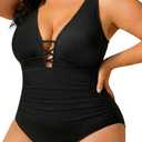 Yonique Women Plus Size One Piece Swimsuit Tummy Control Bathing Suits Lace up Plunge Swimwear Black XL