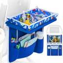 Adjustable Kids Airplane Tray Cover with Pocket Organizer, Snack & Toy Pockets, Toddler Airplane Travel Essentials, Travel Tray for Plane Train, Clear Touch Tablet Pocket, Carrying Strap, Plane Print