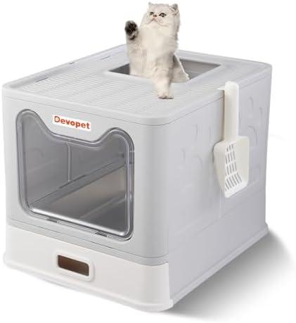 Devopet Enclosed Cat Litter Boxes, Stainless Steel Litter Box with Lid, Top Entry Cat Litter Box with Cover, Metal Kitty Litterbox with High Sided Enclosure, Foldable, Non-Stick, Easy Cleaning