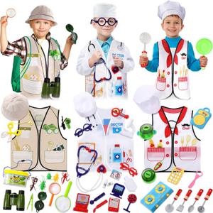 Sratte 3 Sets Kids Dress up Clothes for Boys Girls, Explorer Doctor Chef Role Play Outfits with Hats Accessories, Toddlers Dress up Costumes for Ages 37