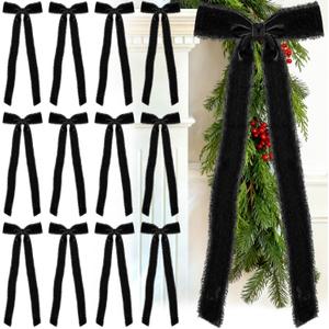 20 Pcs Black Large Velvet Christmas Bows 4.7" x 11" Big Pre Tied Handmade Fringe Velvet Ribbon Bows 1" Wide Rustic Crafts Gift-Bows with Twist Tie for Gift Wrapping Christmas Decor