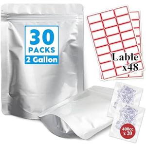 Cloudslucky Mylar Bags 2Gallon 30PCS 17"X13" for Food Storage with Oxygen Absorbers&Labels,10Mil Thick Resealable Zipper&Heat Seal Stand Up Pouches for Packaging Long Term,Dried Food,BPA Free