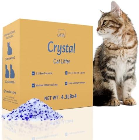 LMJP Crystal Cat Litter with Powerful Odor Control, Non-Clumping, Lasts Up to 4 Months, 17.2lb, Rapid Water Absorption, Unscented & Low Tracking Lightweight Blue & White Silica 4Pack