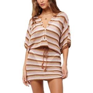 Pink Queen 2 Piece Crochet Swimsuit Cover Ups for Women Hollow Out Knitted Bathing Suit Coverup Beach Crop Top and Skirt Sets (Medium, Brown Stripe)