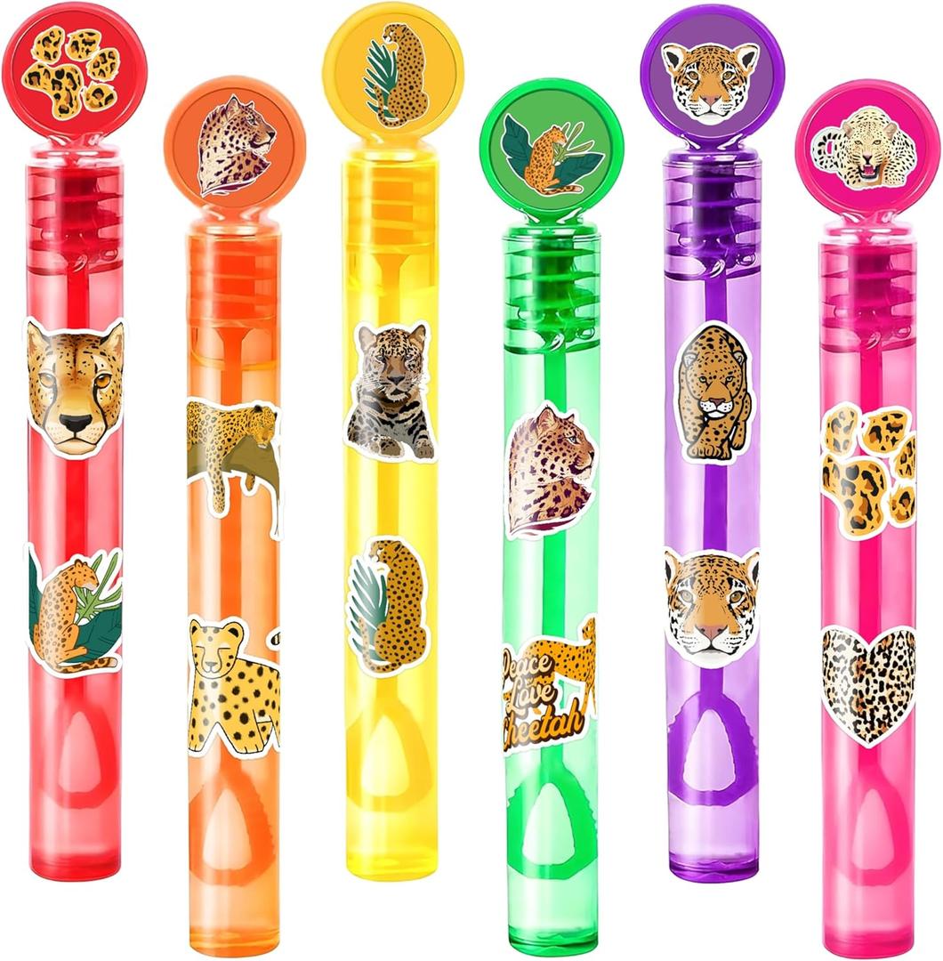 24PCS Cheetah DIY Bubble Wands with 96PCS Stickers - Party Favor for Goodie Bags, Pinata Stuffers, Mini Bubble Bulk Birthday Supplies, Toys Gifts, Class Prizes for Toddlers, Boys & Girls