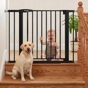 Mumeasy 29.7-40.6" Baby Gate for Stairs, Auto Close Dog Gate for Doorways, Pressure Mounted No Drill Pet Gate with Easy Walk Thru Door, Double Lock, Black