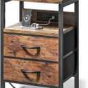 NightStand Bedside Charging Table Bedroom - Brown Night Stand with Charger Station, Modern Bed Side End Table with Open Shelf & 2 Fabric Drawers, USB-C Port for Dorm, Living Room