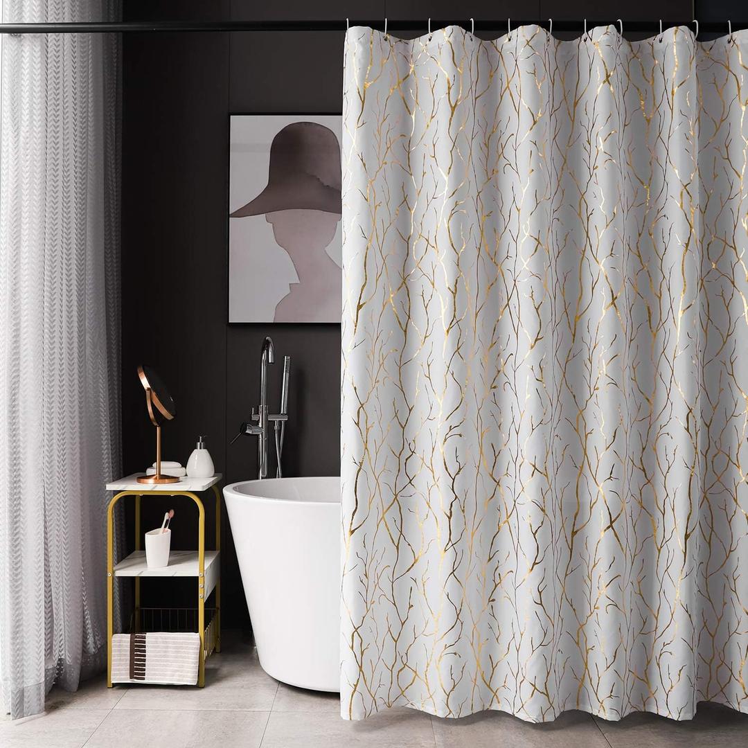 FINECITY White Shower Curtain with Gold Branch Pattern 12 Hooks Included, 72 x 72 Inch, 1 Panel