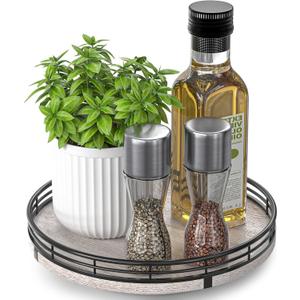 9" Wooden Lazy Susan Organizer for Cabinet, Turntable Round Decorative Tray for Kitchen Sink, Countertop Organizer, Bathroom Counter Organizer for Skincare Makeup, Rustic Whitewashed