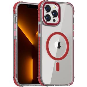 DEERLAMN Strong Magnetic Case for iPhone 14 Pro 6.1-Inch,[Compatible with Magsafe] Clear Slim Shockproof Protective Phone Cover for Women Men-Transparent Red