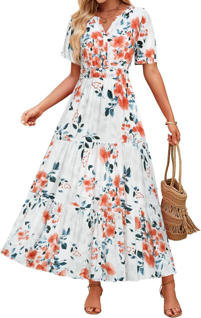 ZESICA Women's 2025 Summer Casual Floral Print Short Sleeve V Neck High Waist A Line Tiered Flowy Boho Maxi Dress 
X-Large