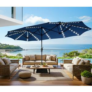 SUPERJARE 13ft Outdoor Patio Umbrella with Solar Lights, Double-sided Deck Pool Umbrella with 1.5 Inch Pole, Fade Resistant Canopy, 12 Sturdy Ribs, for Porch, Market, Backyard, Navy Blue(No Base)