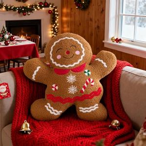 Lanpn Christmas Gingerbread Girl Pillow, Christmas Decoration Winter Throw Pillows Soft Fleece Sherpa Cute 3D Shaped Ginger Bread Lady Throw Cushion for Sofa Bedroom Xmas Decor (18x19 inch)