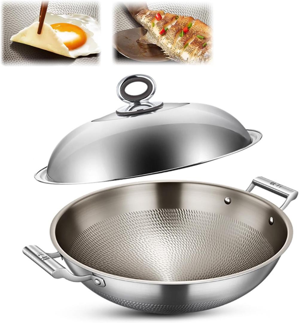 Titanium Hammered Wok with Double Handles, 2026 New Multifunctional Ultra-Durable Scratch-Resistant Non Stick Even Heating Titanium Wok for Cooking,With lid,17.72IN