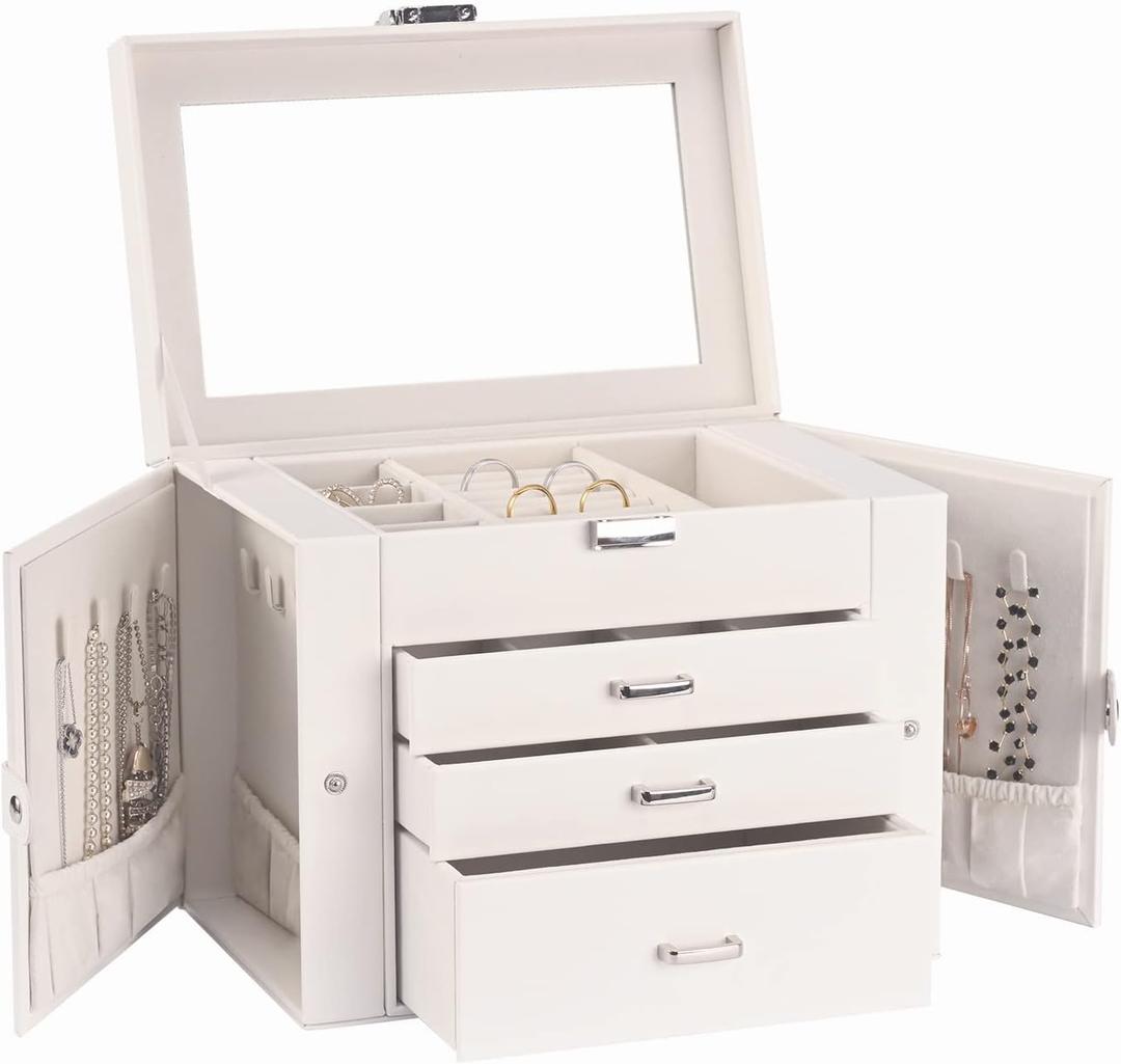 Jewelry Box for Women 4-layer Leather Large Jewelry Organizer Box with Drawers&Mirror for Necklace/Ring/Earring/Watch Storage (White)