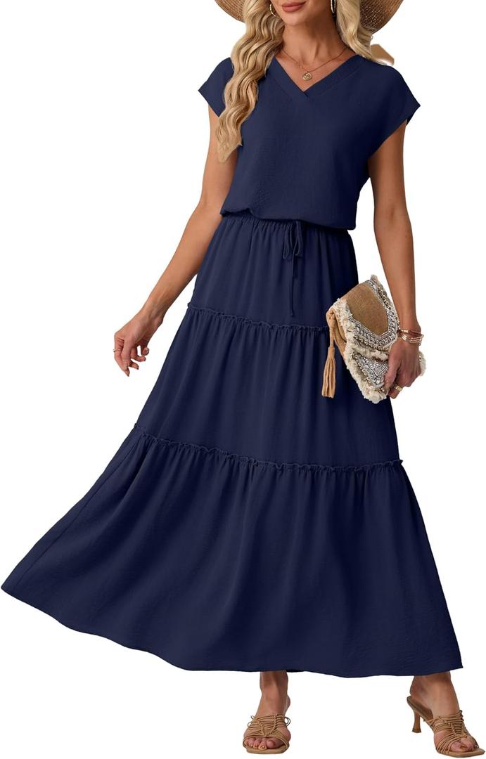 Lepunuo 2 Piece Skirt Sets for Women Flowy Maxi Skirts Cap Sleeve Tops Matching Sets Travel Vacation Outfits with Pockets (Blue, XL)