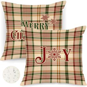 Lanpn Outdoor Christmas Throw Pillow Covers 16x16 Set of 2, Classic Stripes Decorative Waterproof Oxford 16 x 16 Holiday Stripe Cushion Cases Home Outside Porch Winter Xmas Decor Decoration (Yellow & Green & Burgundy)