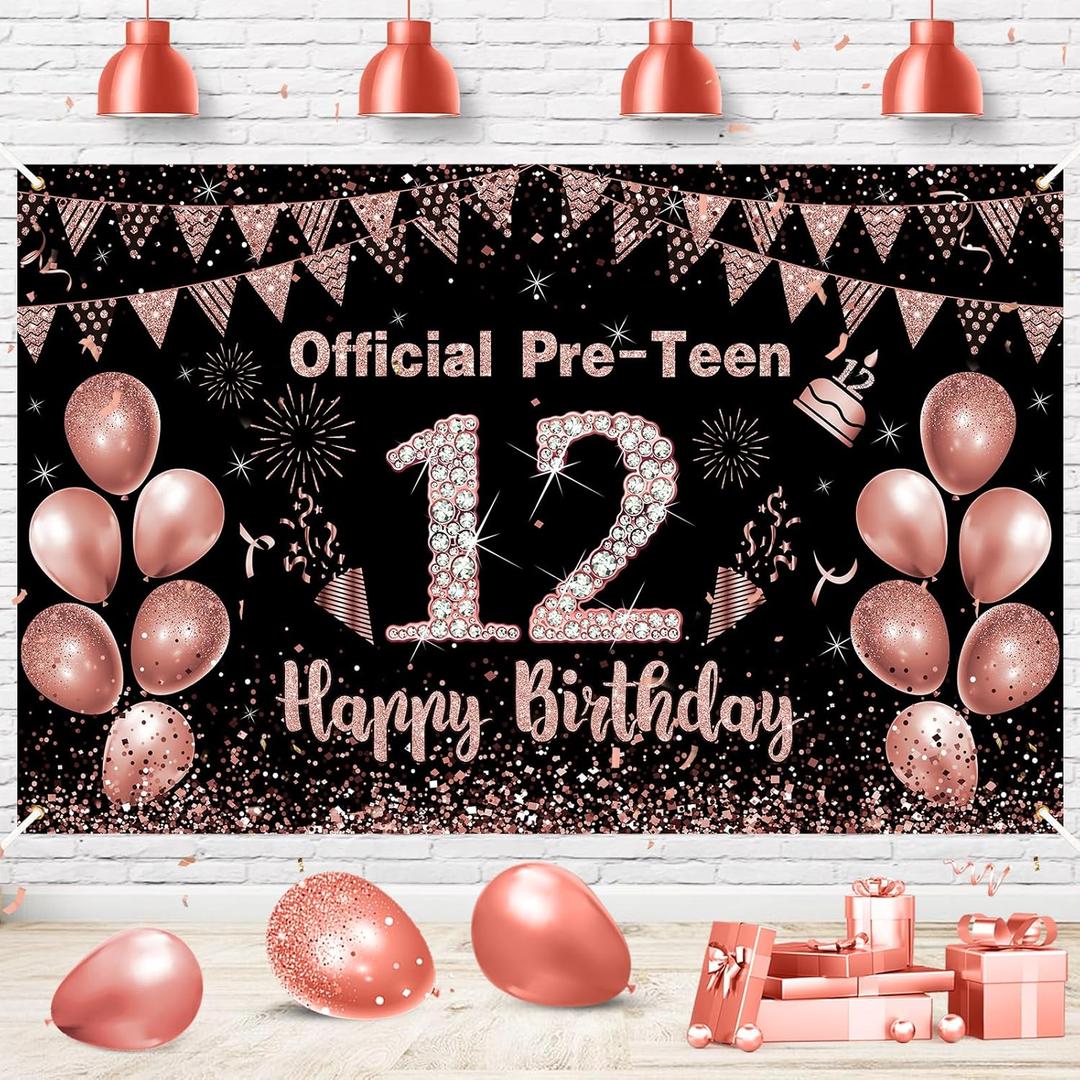 12th Birthday Decorations for Girls Rose Gold Official Pre-Teen 12th Birthday Backdrop Banner 12th Years Old Birthday Part Supplies for 12th Birthday Party Decorations
