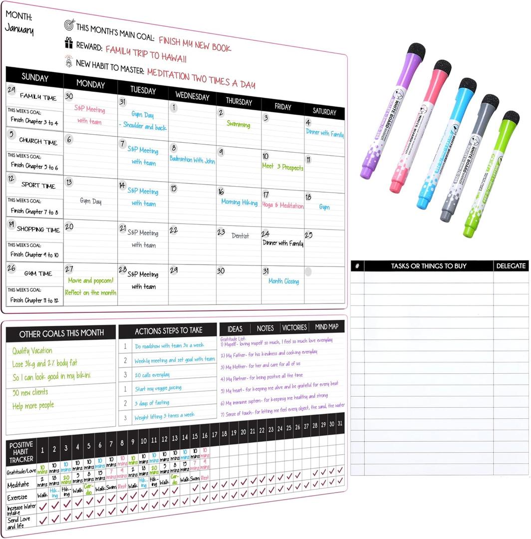 Magnetic Calendar for Refrigerator  17"x10.5" & 17"x7" + 8"x10" Monthly Fridge Calendar Magnet - Monday Start | Dry Erase Whiteboard Family Planner & Schedule Board | Include 5 Markers & Eraser