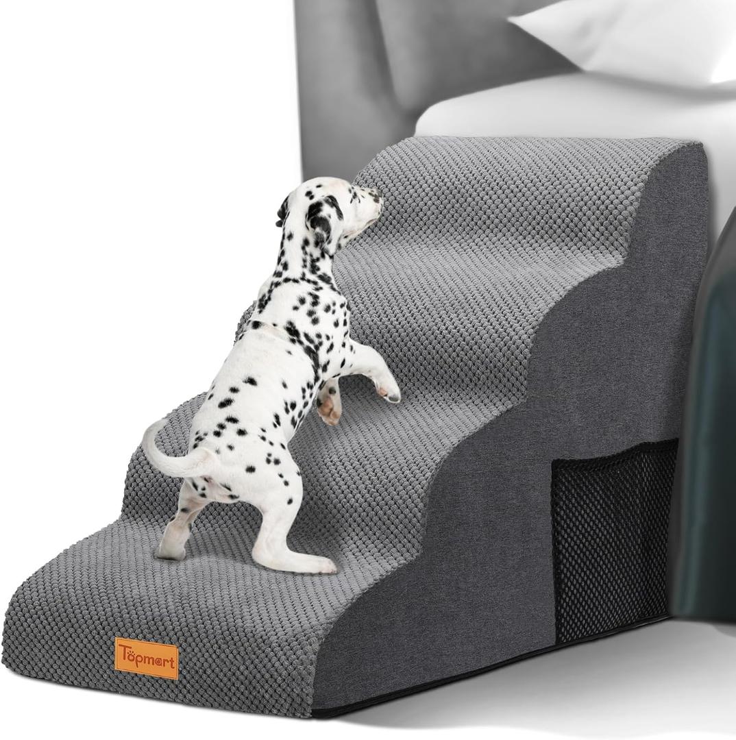 Topmart High-Density Foam Dog Steps, 4 Tiers, Extra Wide Deep Pet Steps, Non-Slip Pet Stairs, Dog Ramp for Bed, Soft Foam Dog Ladder, Best for Older Dogs, Injured Dogs, Older Pets, and Cats with Joint Pain