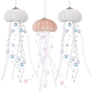 Namalu 3 Pcs Sea Urchin Jellyfish Christmas Ornament Coastal Beaded Beach Theme Holiday Decor Ocean Inspired Hanging Jellyfish Decoration with Crystal and Ribbon (White,Orange)