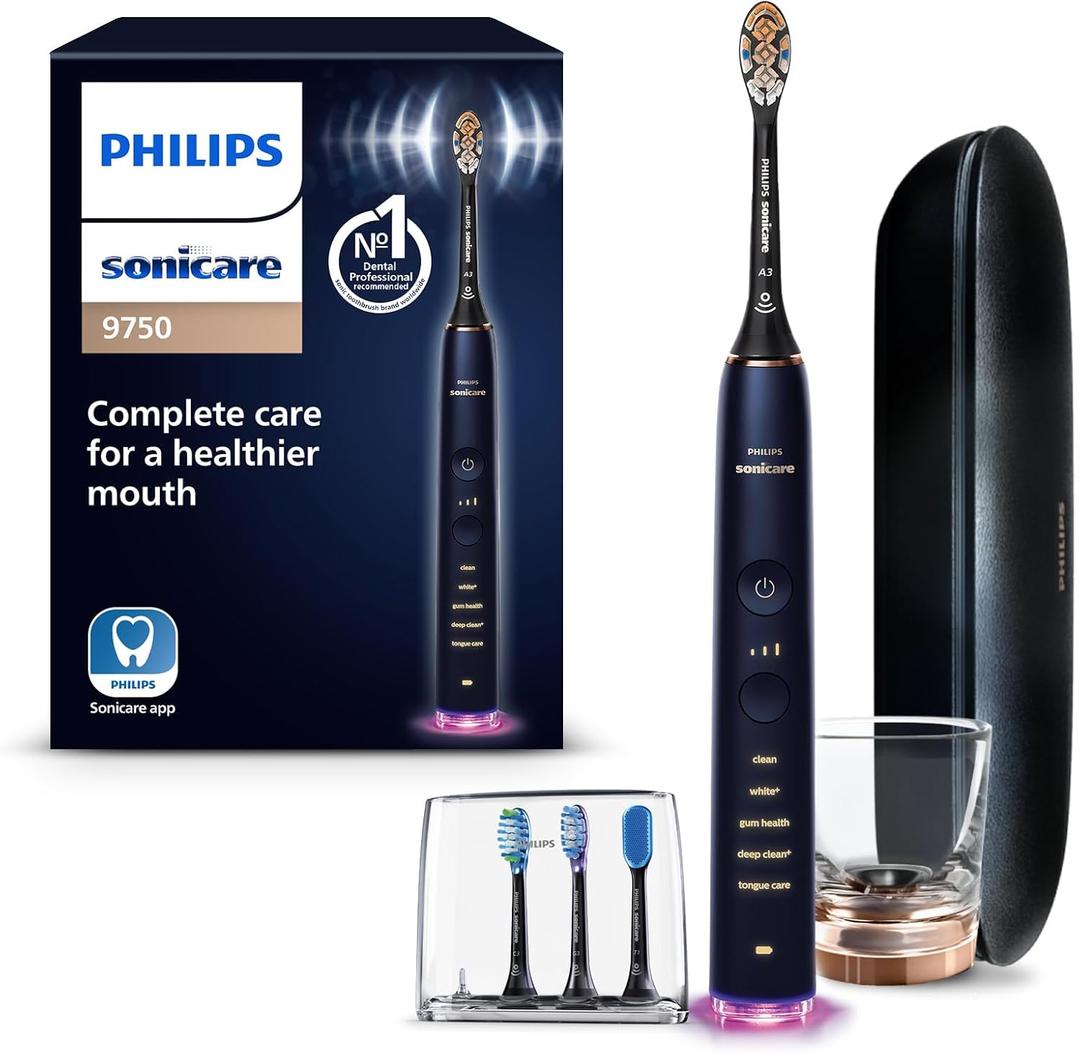 Philips Sonicare DiamondClean Smart 9750 Electric Toothbrush, Sonic Toothbrush with App, Pressure Sensor, Brush Head Detection, 5 Brushing Modes and 3 Intensity Levels, Lunar Blue, Model HX9954/74 